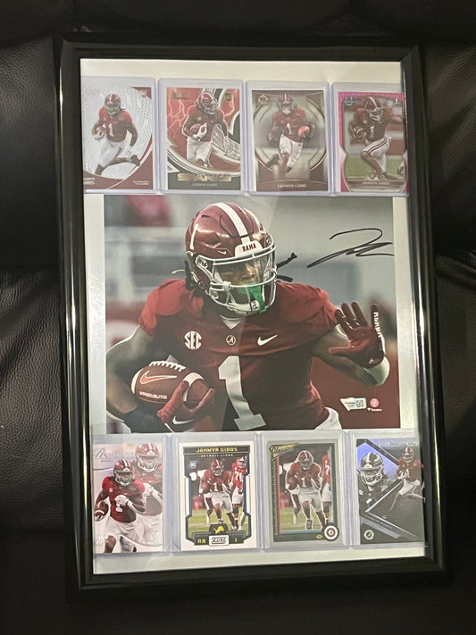 Autographed Jahmyr Gibbs Framed Sports Portrait with Trading Cards