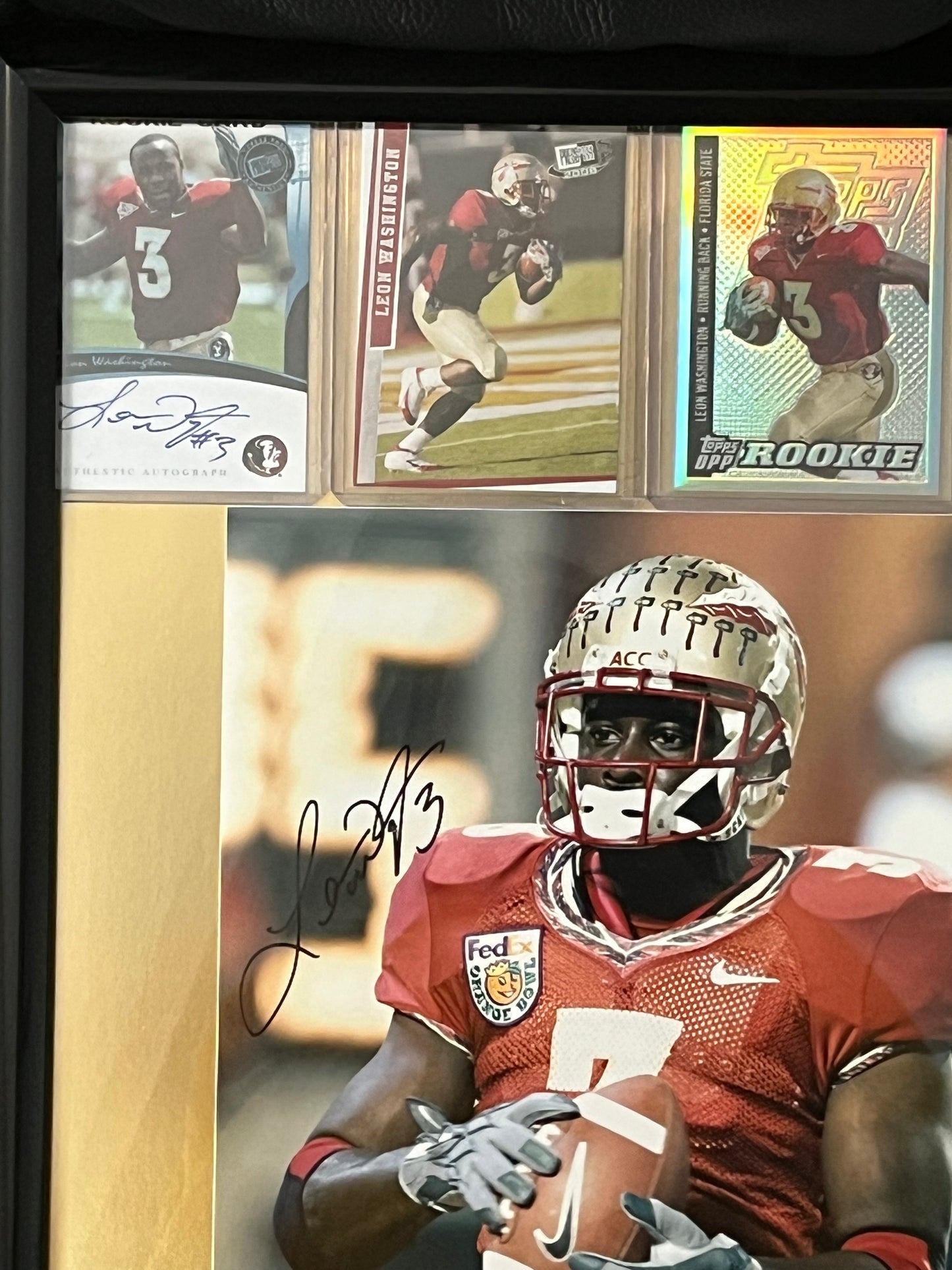Autographed Leon Washington FSU Framed Sports Portrait with Trading Cards