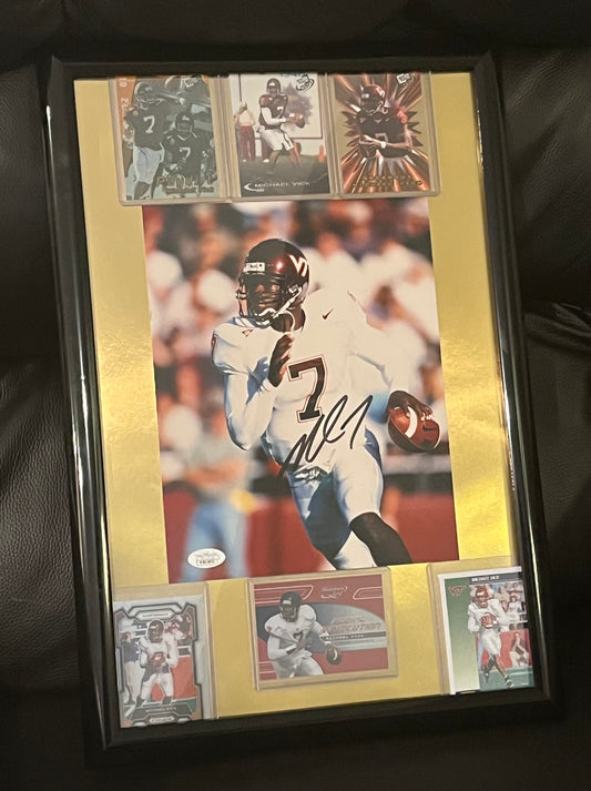 Autographed Michael Vick Framed Sports Portrait with Trading Cards